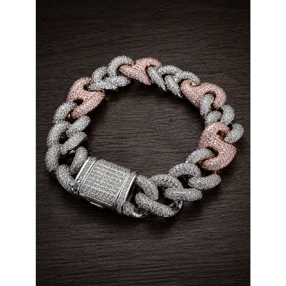 Silver & Rose Simulated Diamond Cuban Link Bracelet